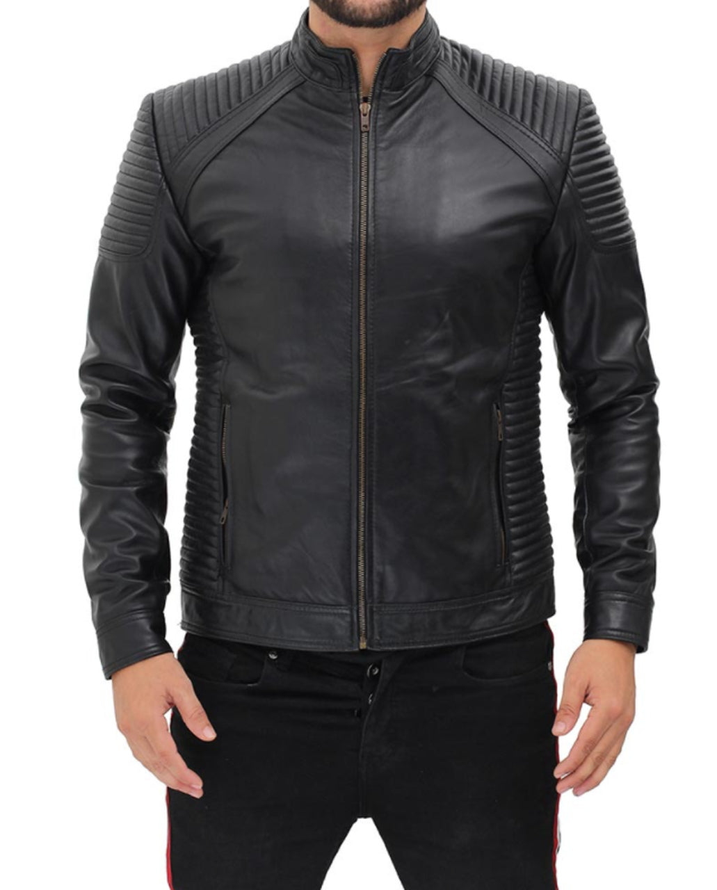 Mush Editions Men Fitted Genuine Leather Jacket with Shoulder Lining Padding Xs / Black